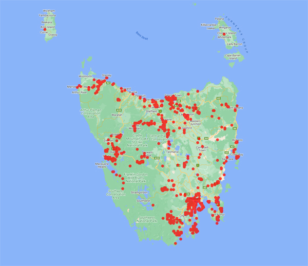 Tasmanian collecting locality map for 'Somerville, J.'