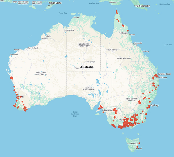 collecting locality Aust map for 'Adair, R.J.'