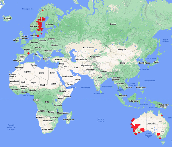 collecting locality world map for 'Goodall, D.W.'