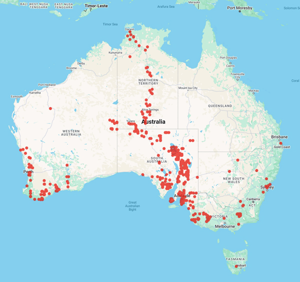 collecting locality map for 'Hill, R. (in SA Herb.)'