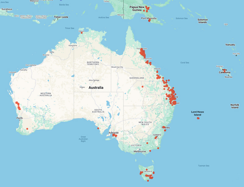 collecting locality Aust map for 'Thorne, R.F.'